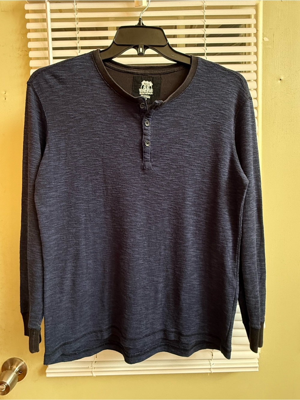 Route 66 Men’s Navy Blue Space Dye Henley Long Sleeve Shirt Athleisure Casual